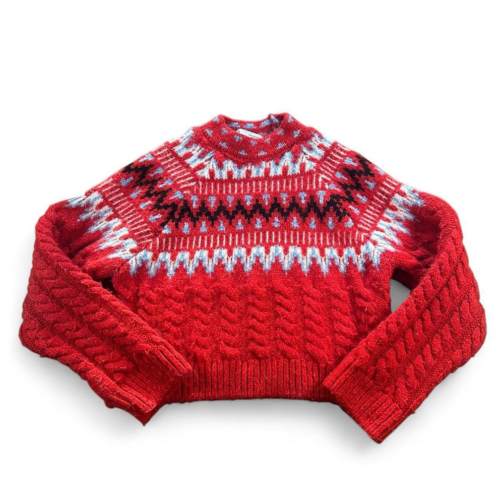 Zara‎ Women’s Cableknit Jacquard Red Fair Isle Sweater Cropped Size Small